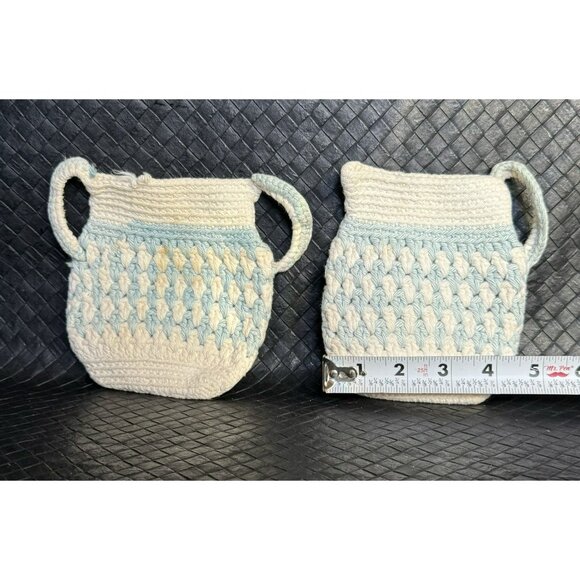 VINTAGE HAND CROCHETED SUGAR CREAMER POT HOLDERS HOT PADS White Blue Grandmacore - Picture 4 of 10
